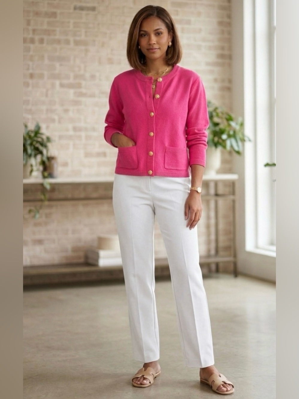 ON+34TH Women's Hot Pink Knit Cardigan Jacket Gold Buttons Pockets Size L